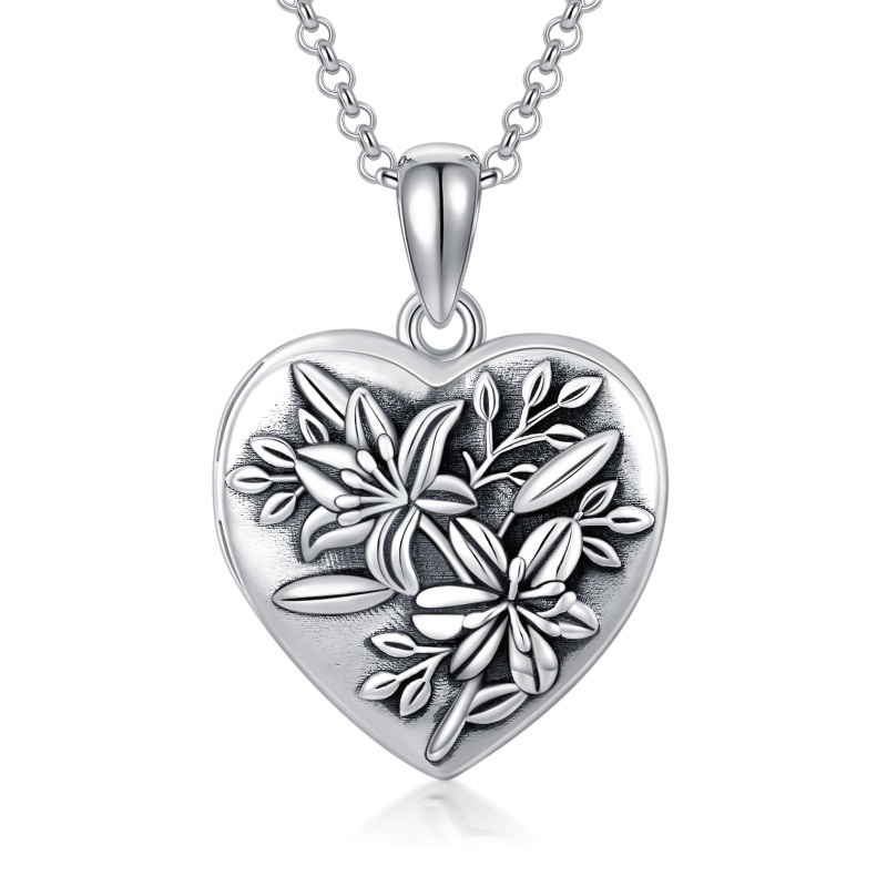 Sterling Silver Lily Heart Personalized Photo Locket Necklace-3