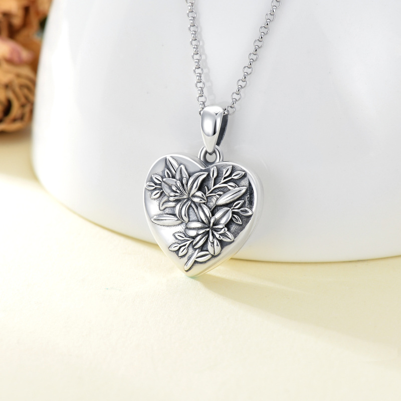 Sterling Silver Lily Heart Personalized Photo Locket Necklace-4