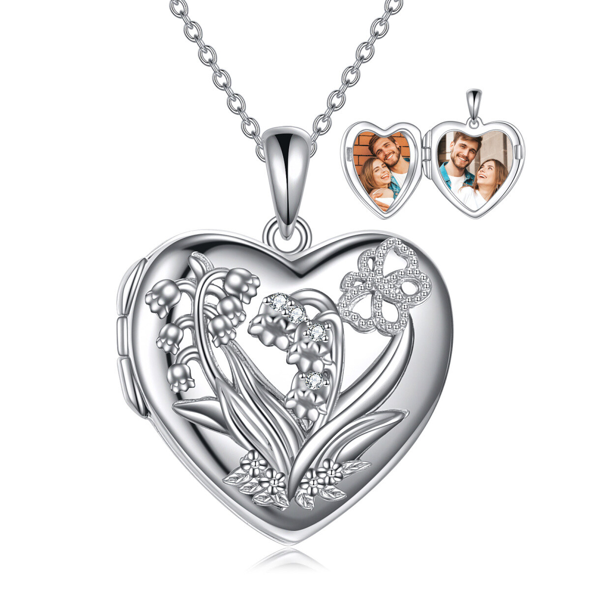 Collar con medallón de foto personalizado con colgante de corazón de lirio de los valles de plata de ley-1