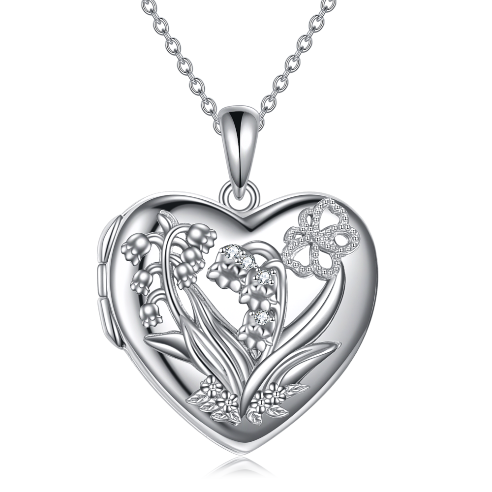 Sterling Silver Lily Of The Valley Heart Pendant Personalized Photo Locket Necklace-3