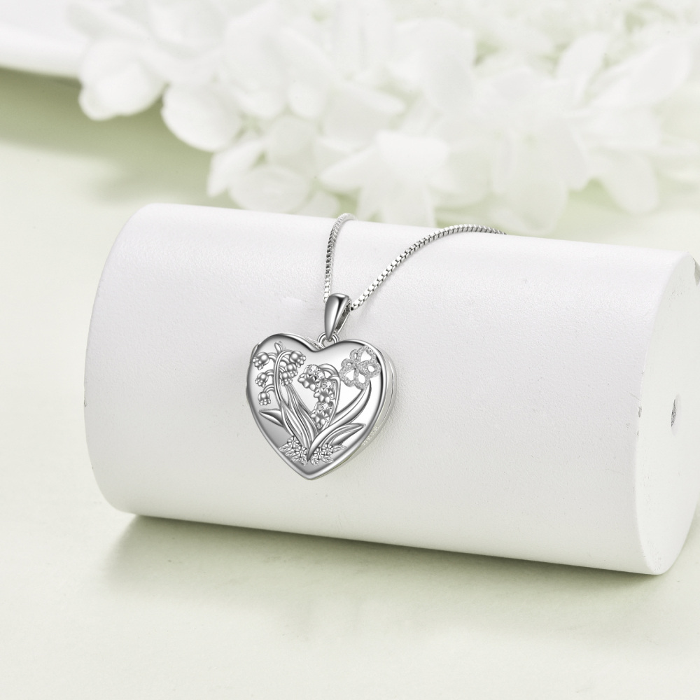 Sterling Silver Lily Of The Valley Heart Pendant Personalized Photo Locket Necklace-4