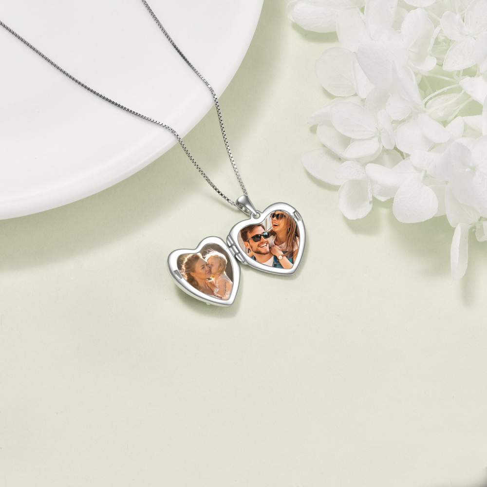 Sterling Silver Lily Of The Valley Heart Pendant Personalized Photo Locket Necklace-5