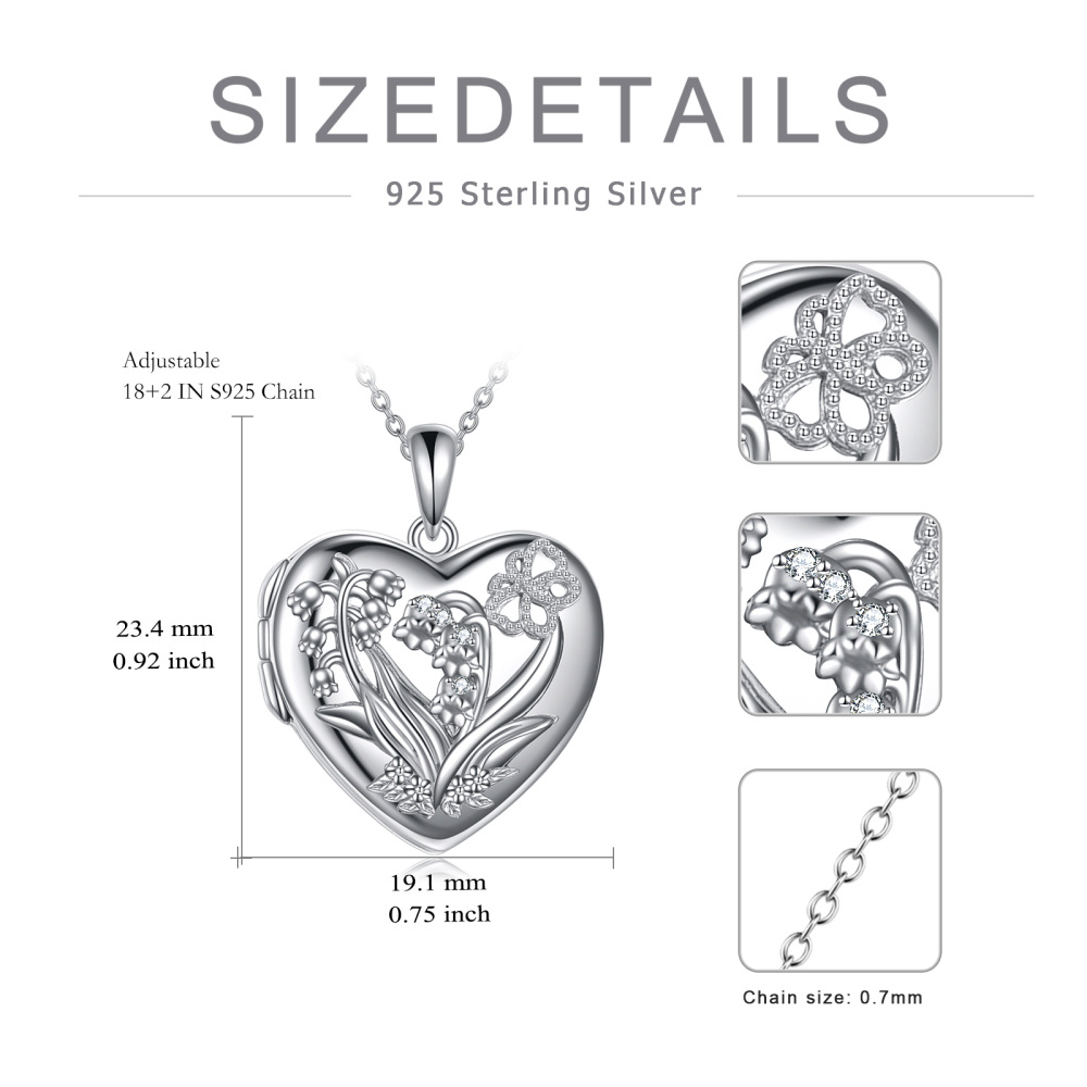 Sterling Silver Lily Of The Valley Heart Pendant Personalized Photo Locket Necklace-6