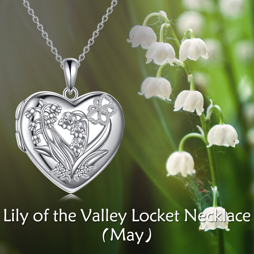Sterling Silver Lily Of The Valley Heart Pendant Personalized Photo Locket Necklace-7