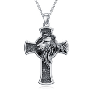 Sterling Silver Lion & Cross Pendant Necklace for Men-2