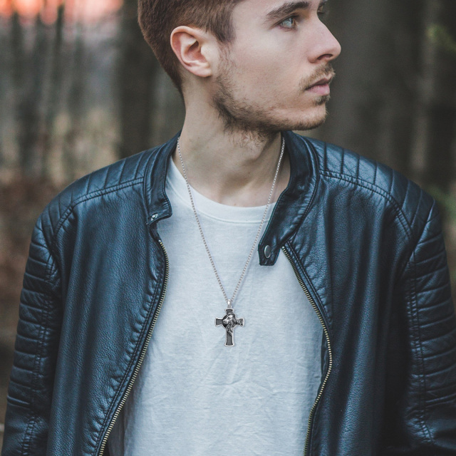 Collier en argent sterling avec pendentif lion et croix pour hommes-2