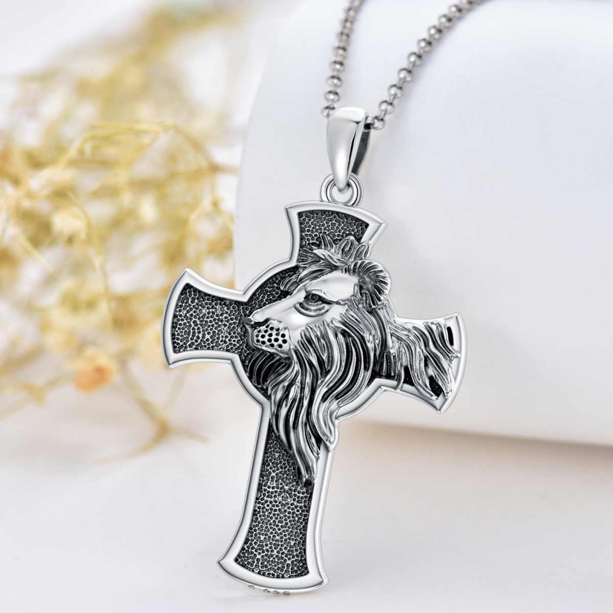 Sterling Silver Lion & Cross Pendant Necklace for Men-3