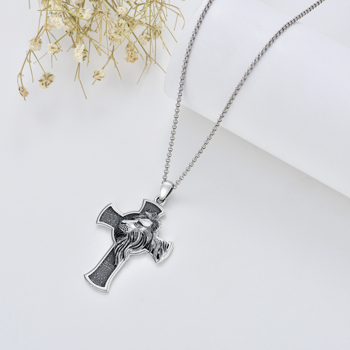 Sterling Silver Lion & Cross Pendant Necklace for Men-4