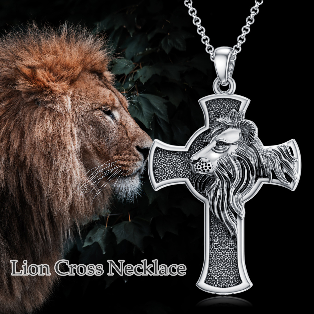 Collar con colgante de león y cruz de plata de ley para hombre-5