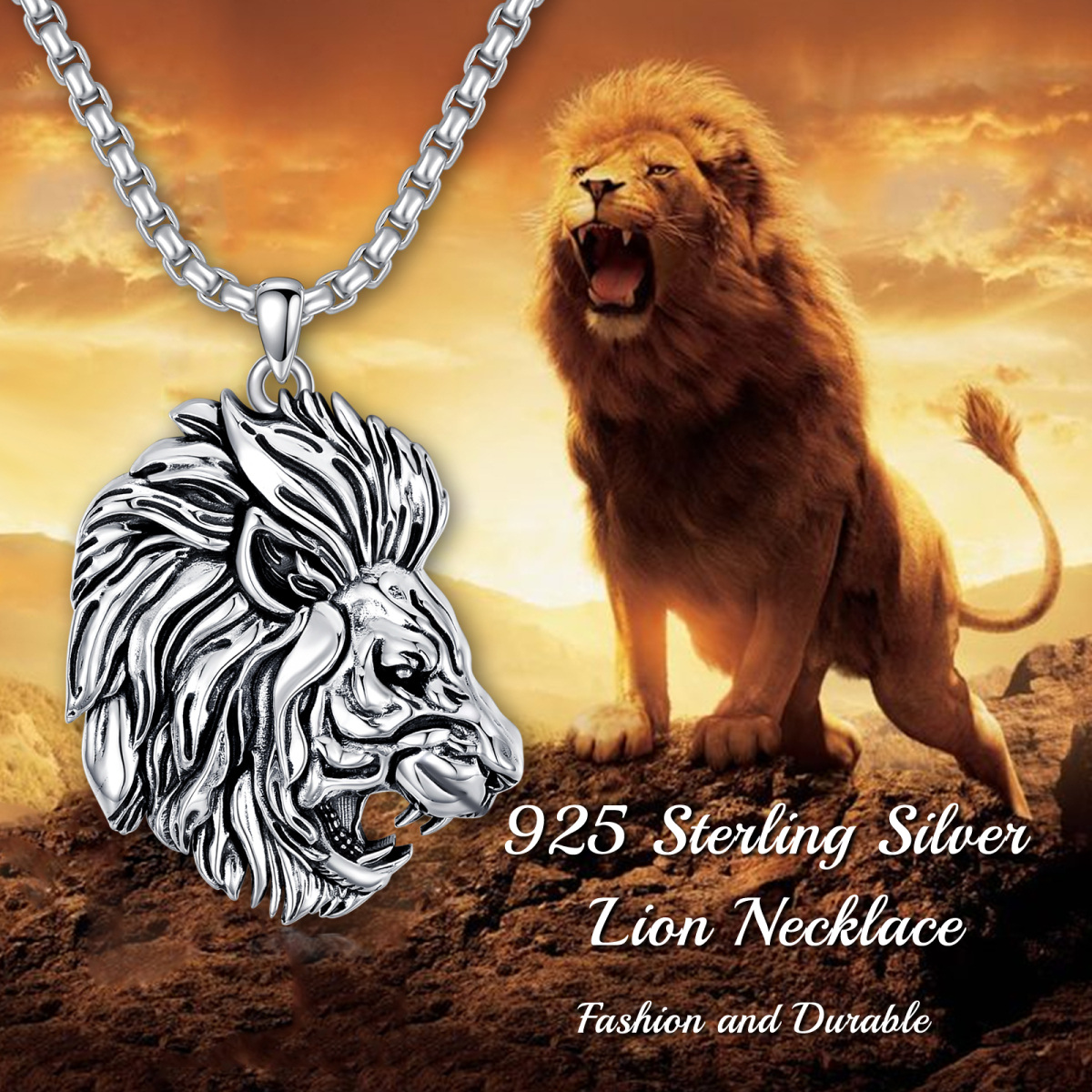 Sterling Silver Lion Pendant Necklace for Men-3