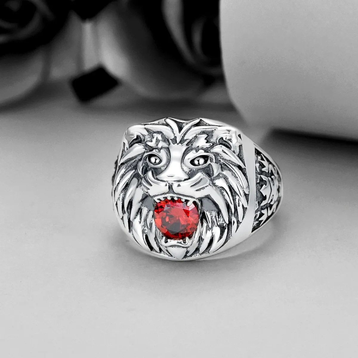 Sterling Silber Cubic Zirkonia Löwe Ring für Männer-3