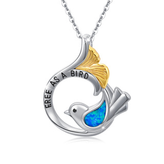 Sterling Silver Two-tone Opal Bird & Mermaid Tail Engraved Necklace for Women-55