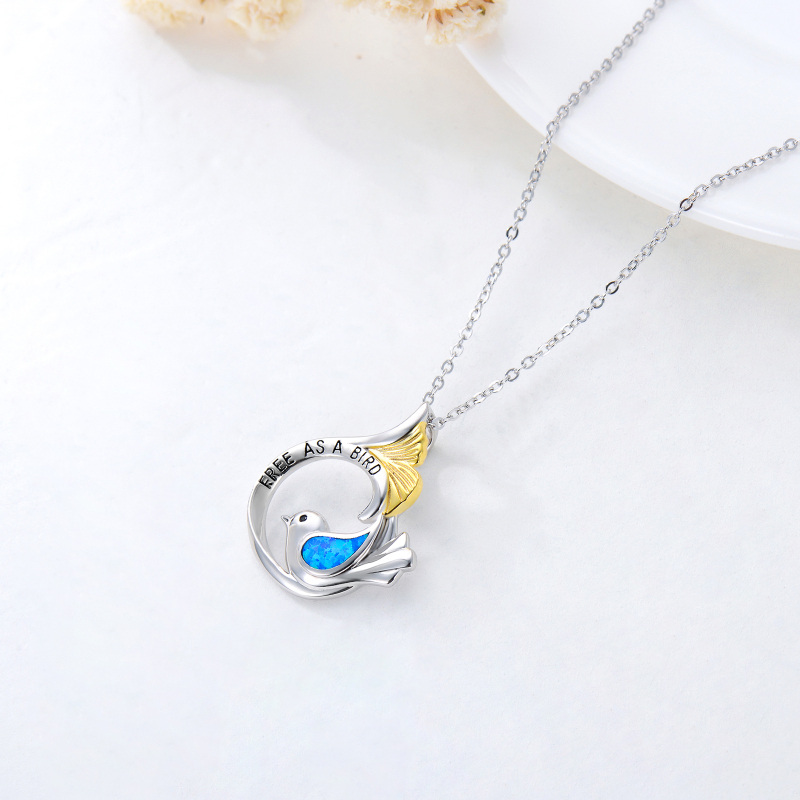 Sterling Silver Two-tone Opal Bird & Mermaid Tail Engraved Necklace for Women-4