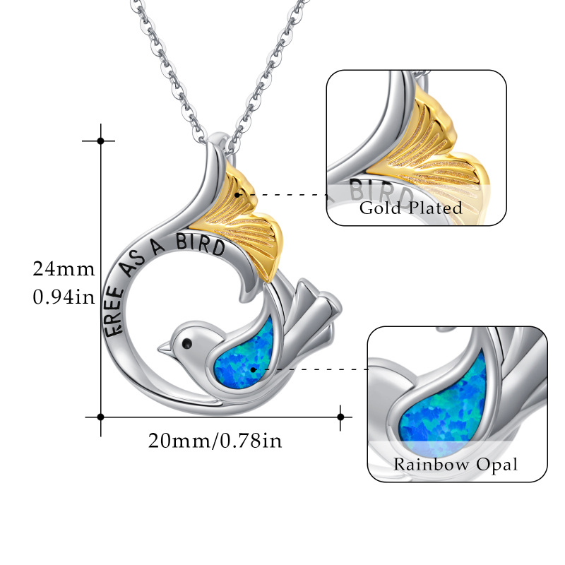 Sterling Silver Two-tone Opal Bird & Mermaid Tail Engraved Necklace for Women-5
