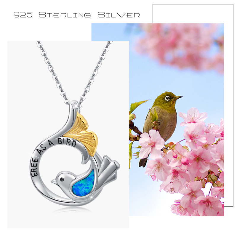 Sterling Silver Two-tone Opal Bird & Mermaid Tail Engraved Necklace for Women-6