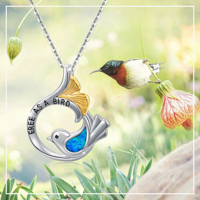 Sterling Silver Two-tone Opal Bird & Mermaid Tail Engraved Necklace for Women-7