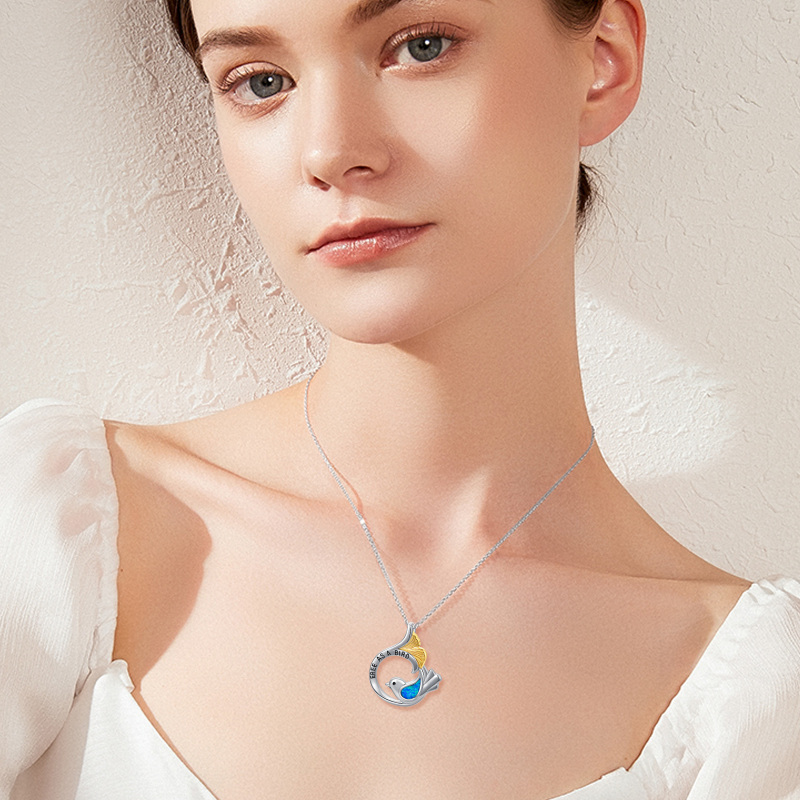 Sterling Silver Two-tone Opal Bird & Mermaid Tail Engraved Necklace for Women-2