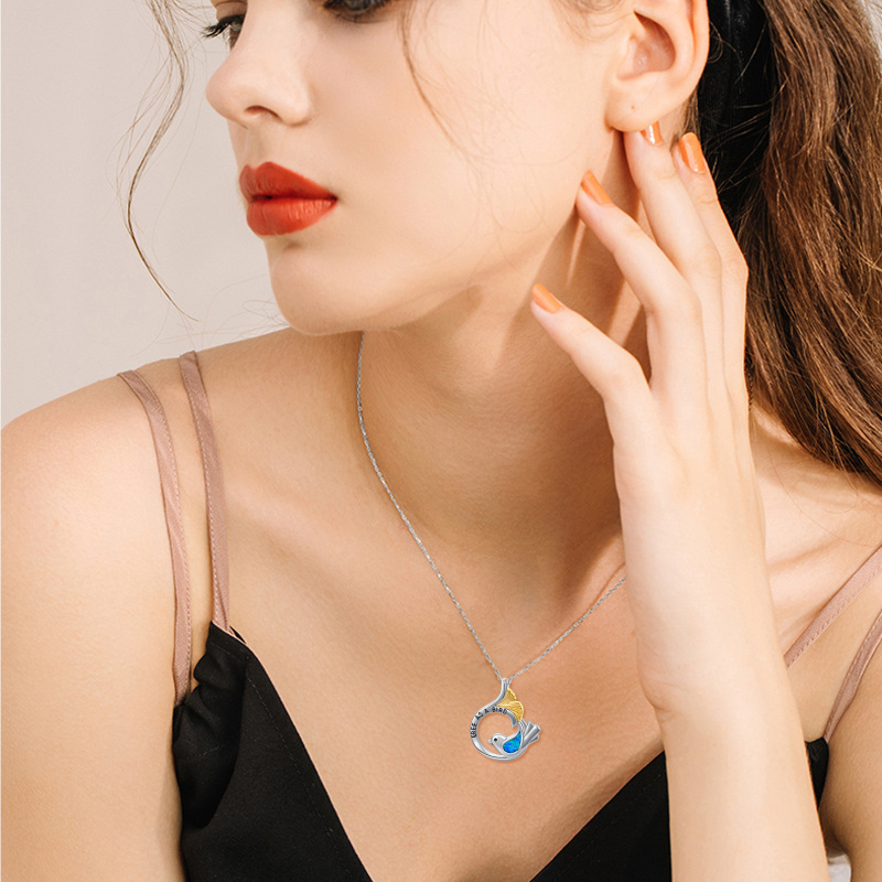 Sterling Silver Two-tone Opal Bird & Mermaid Tail Engraved Necklace for Women-3