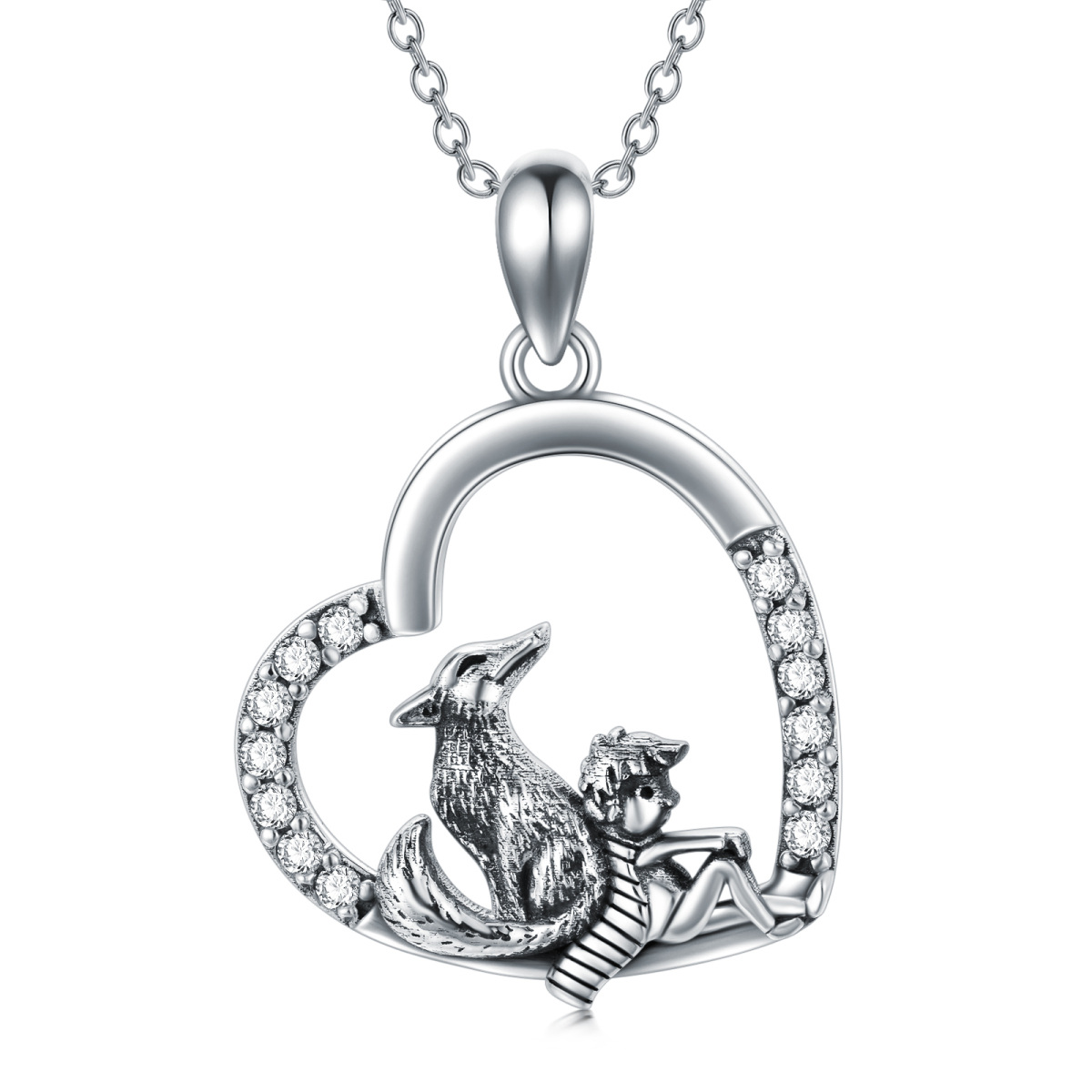 Sterling Silber Cubic Zirkonia Little Prince & Fuchs Herz Anhänger Halskette-1