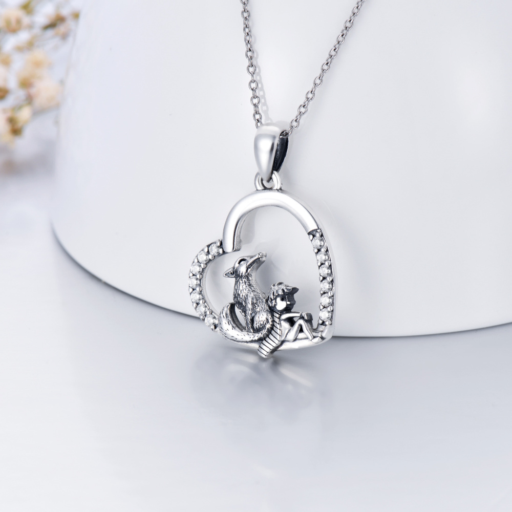 Sterling Silver Cubic Zirconia Little Prince & Fox Heart Pendant Necklace-3