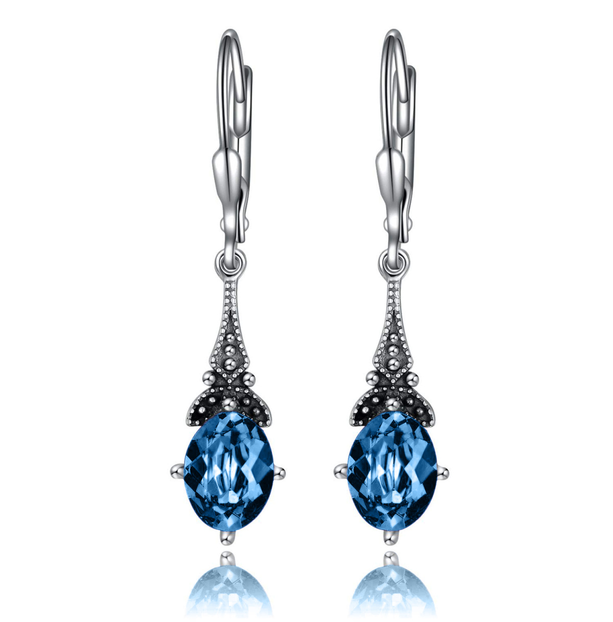 Sterling Silver London Blue Oval Crystal Drop Shape Lever-back Earrings-1