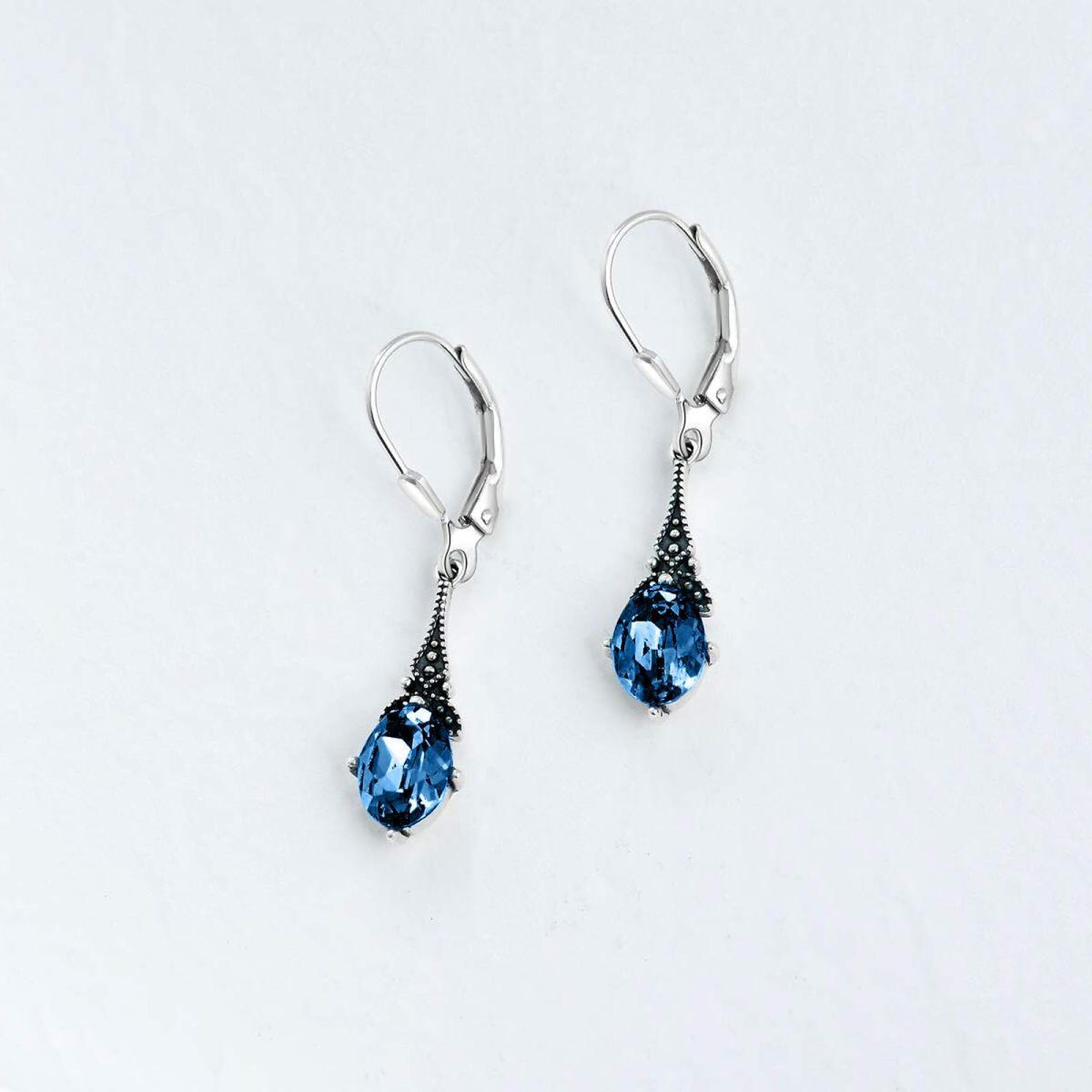 Boucles d'oreilles à levier en argent sterling avec cristal bleu de Londres en forme de goutte ovale-3