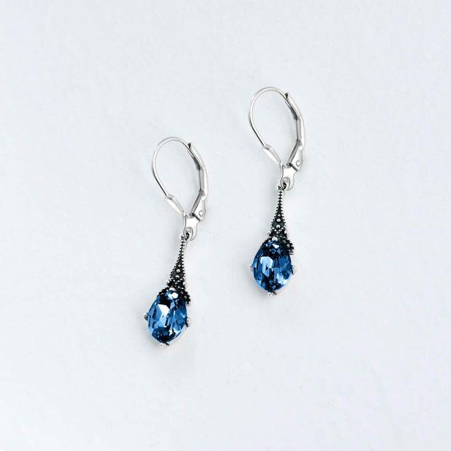 Sterling Silver London Blue Oval Crystal Drop Shape Lever-back Earrings-3