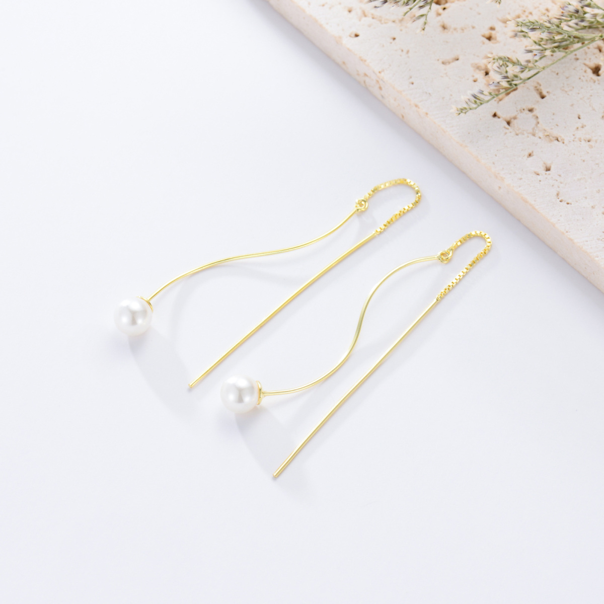 Sterling Silver with Yellow Gold Plated Pearl Bead Drop Earrings-3