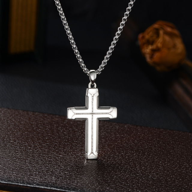 Sterling Silver Lord's Prayer Engraving Crucifix Cross Pendant Necklace for Men-2