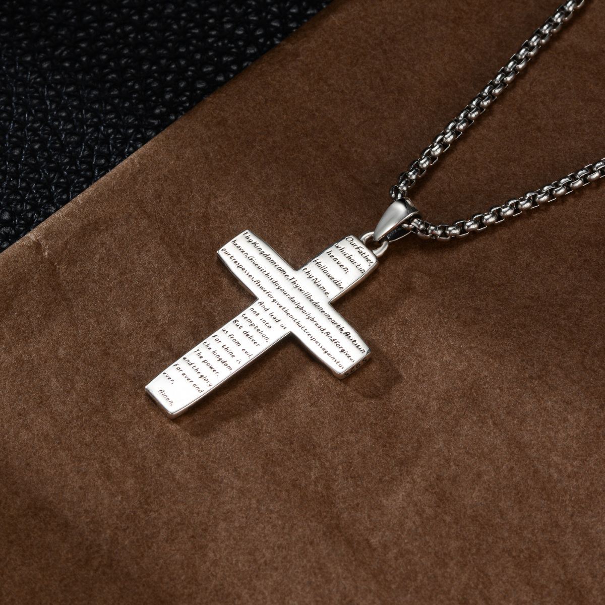 Sterling Silver Lord's Prayer Engraving Crucifix Cross Pendant Necklace for Men-3