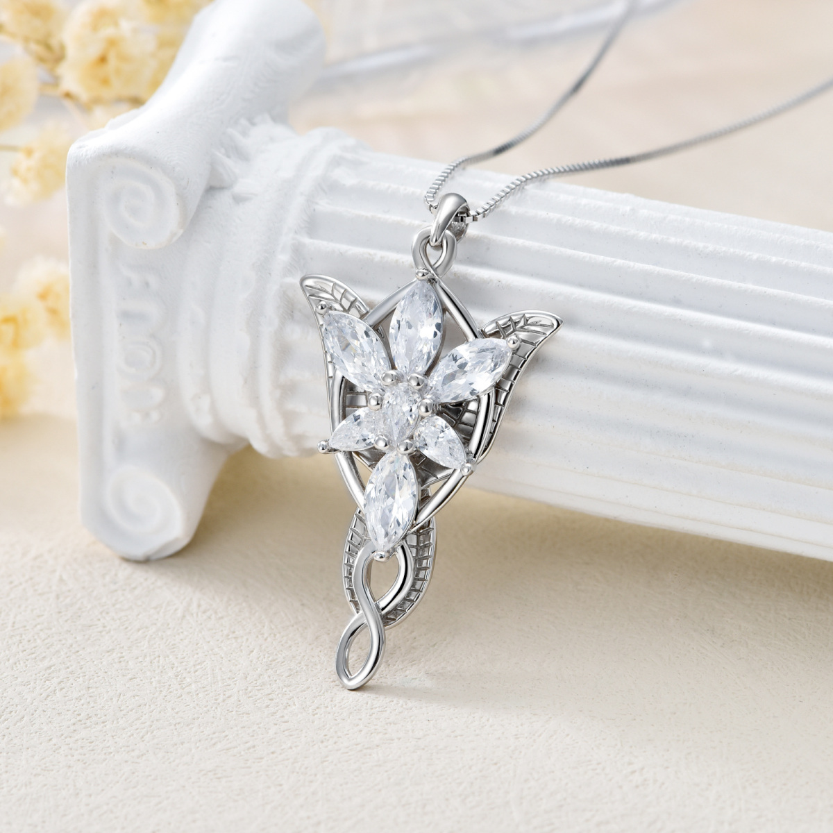 Sterling Silver Cubic Zirconia Lord Ring Arwen's Evenstar Pendant Necklace-3