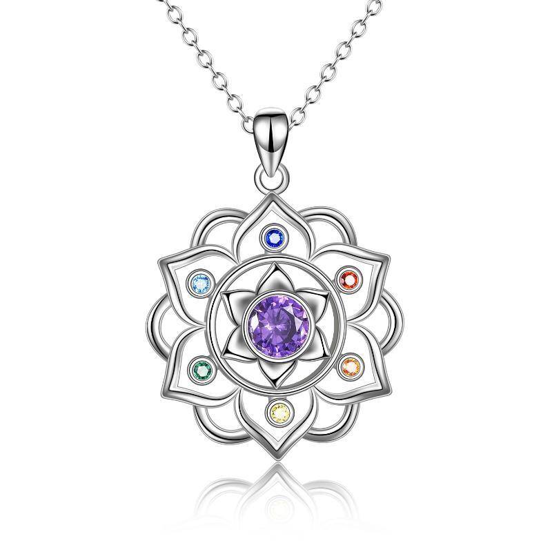 Colar com pingente de lótus e chakras em prata de lei com zircónias cúbicas-1