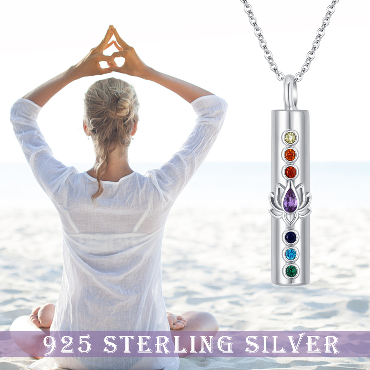 Collier Urne Lotus et Chakras en argent sterling avec zircon cubique-6