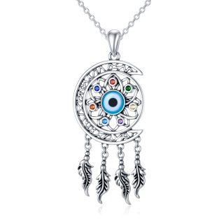 Sterling Silver Cubic Zirconia Lotus & Dream Catcher & Evil Eye & Moon Pendant Necklace-39