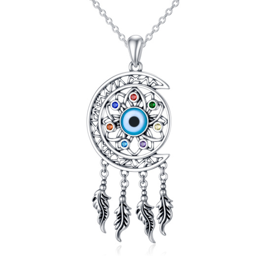 Sterling Silver Cubic Zirconia Lotus & Dream Catcher & Evil Eye & Moon Pendant Necklace