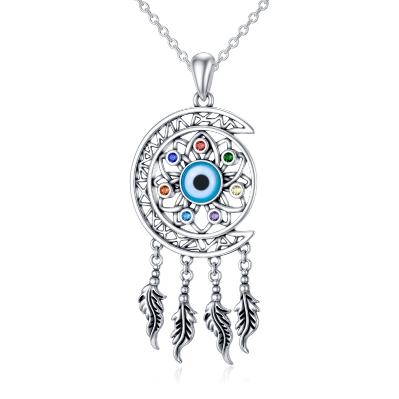 Sterling Silver Cubic Zirconia Lotus & Dream Catcher & Evil Eye & Moon Pendant Necklace-5