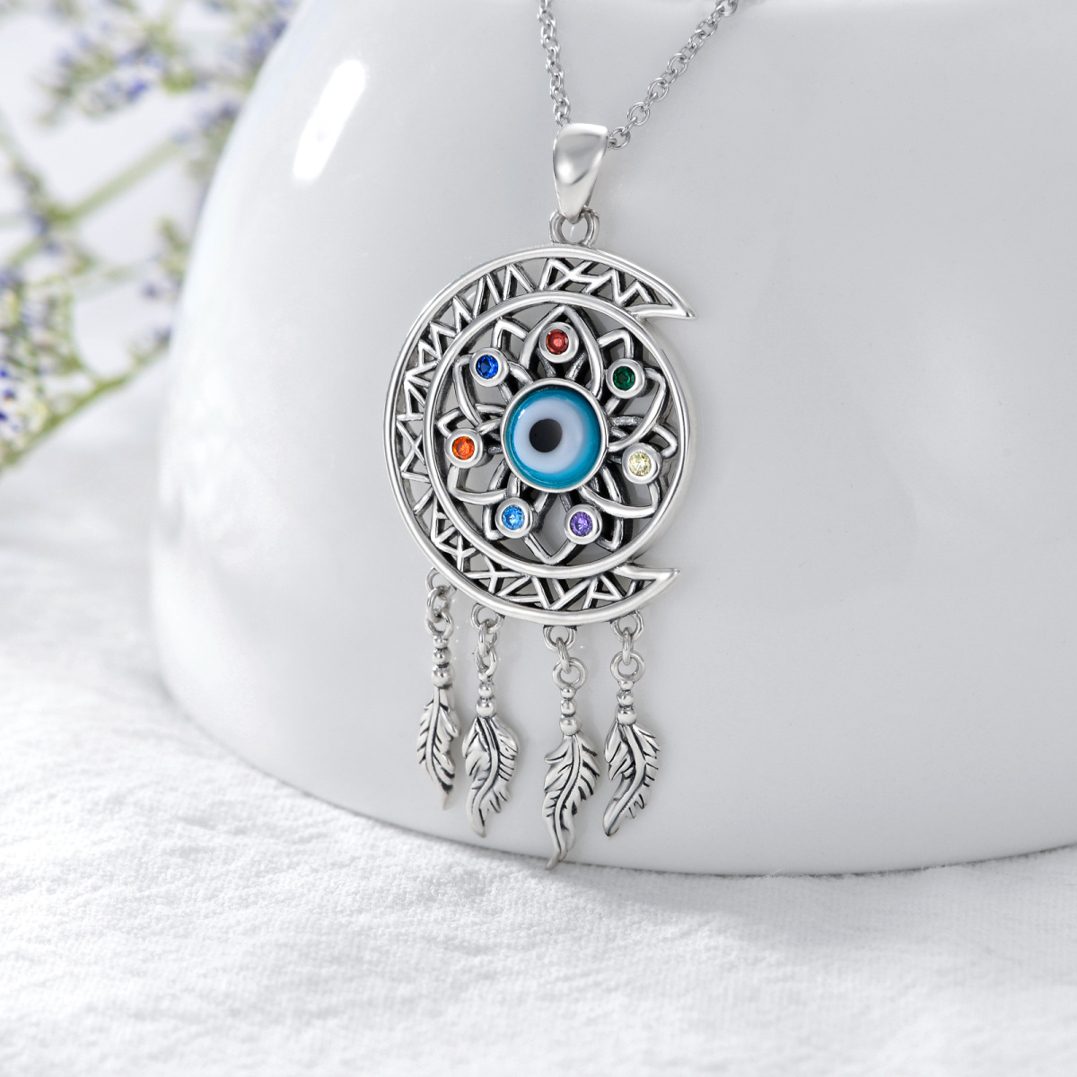 Sterling Silver Dream Catcher & Sunflower Pendant Necklace For Women-3