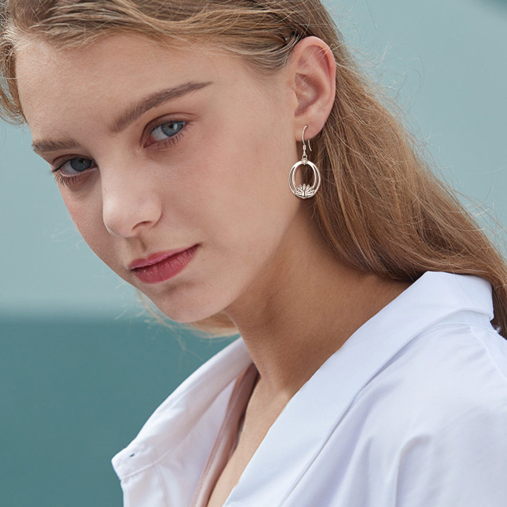 Sterling Silver Lotus Drop Earrings-2
