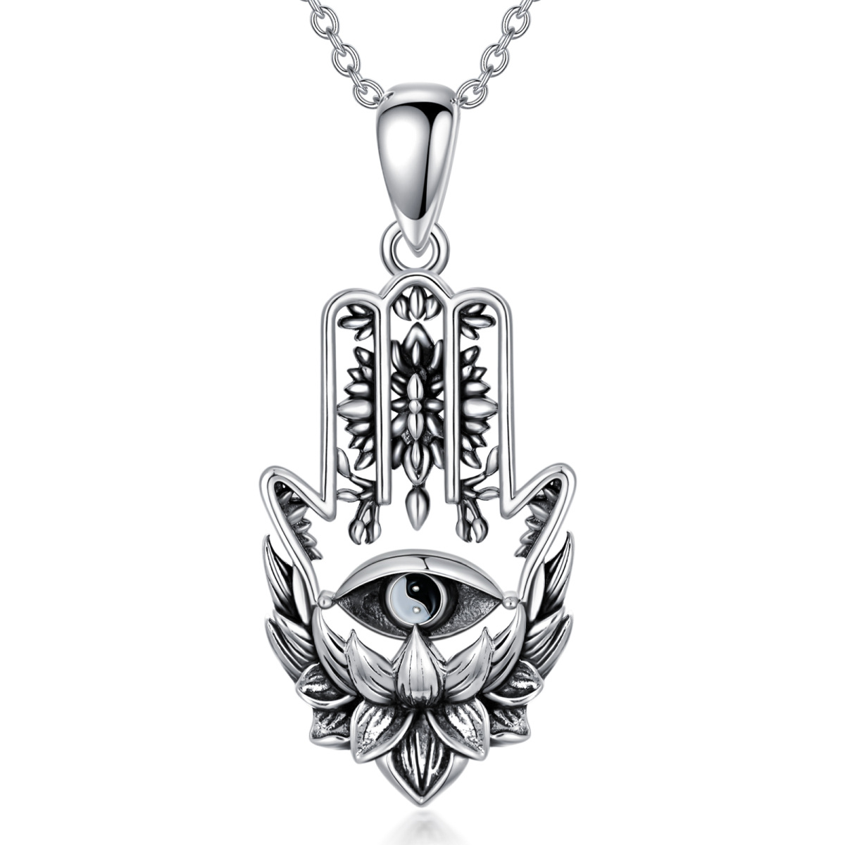 Sterling Silver Lotus & Hamsa Hand With Evil Eye Pendant Necklace For Men-1