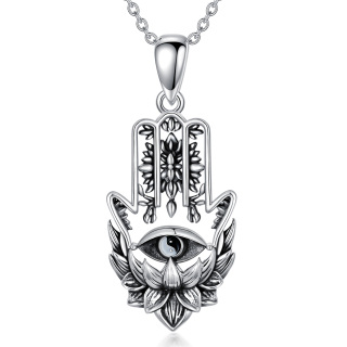 Sterling Silver Lotus & Hamsa Hand With Evil Eye Pendant Necklace For Men-51