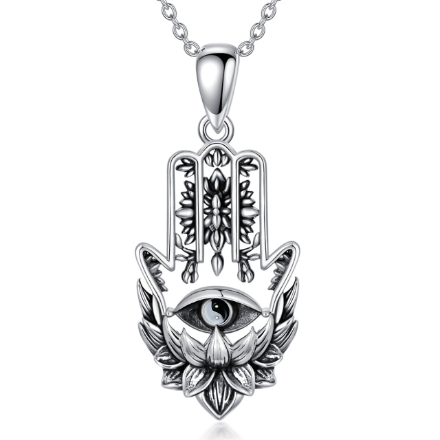 Sterling Silver Lotus & Hamsa Hand With Evil Eye Pendant Necklace For Men