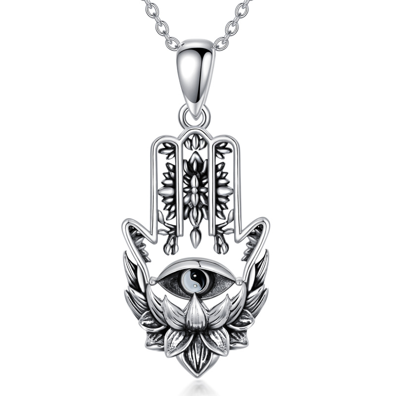 Collar de plata de ley con colgante de loto, mal de ojo y mano hamsa