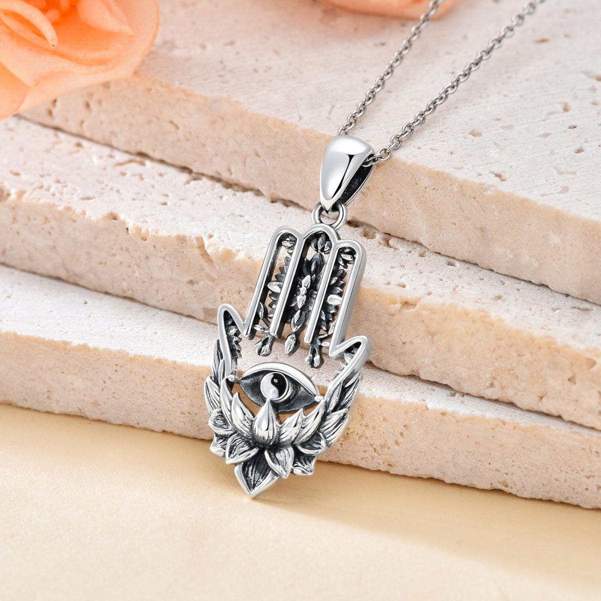 Sterling Silver Lotus & Hamsa Hand With Evil Eye Pendant Necklace For Men-3