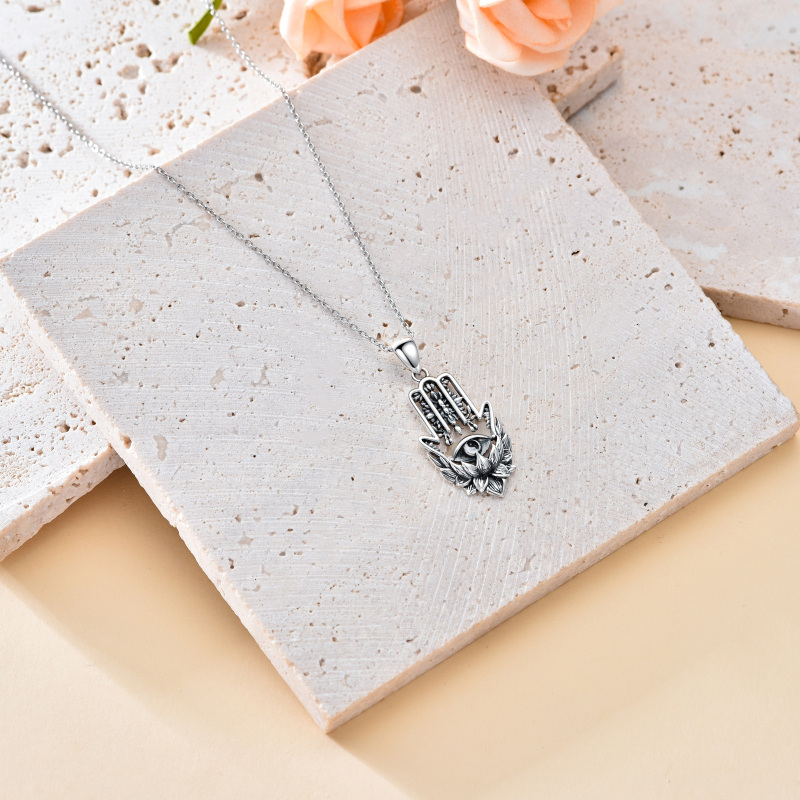 Sterling Silver Lotus & Hamsa Hand With Evil Eye Pendant Necklace For Men-4