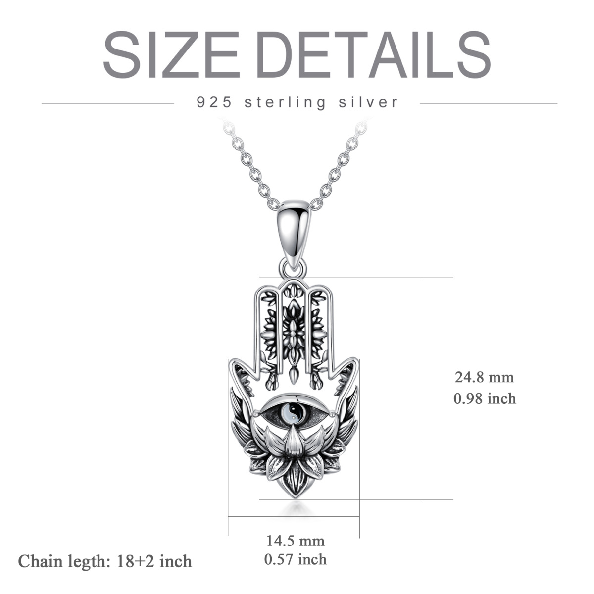 Sterling Silver Lotus & Hamsa Hand With Evil Eye Pendant Necklace For Men-5