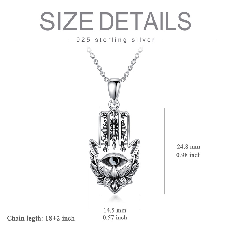 Sterling Silver Lotus & Hamsa Hand With Evil Eye Pendant Necklace For Men-5
