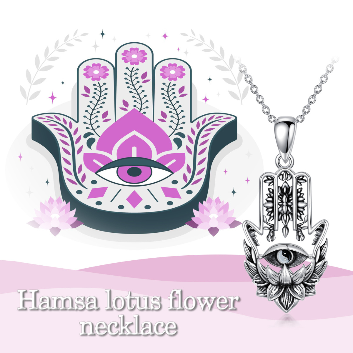 Sterling Silver Lotus & Hamsa Hand With Evil Eye Pendant Necklace For Men-6