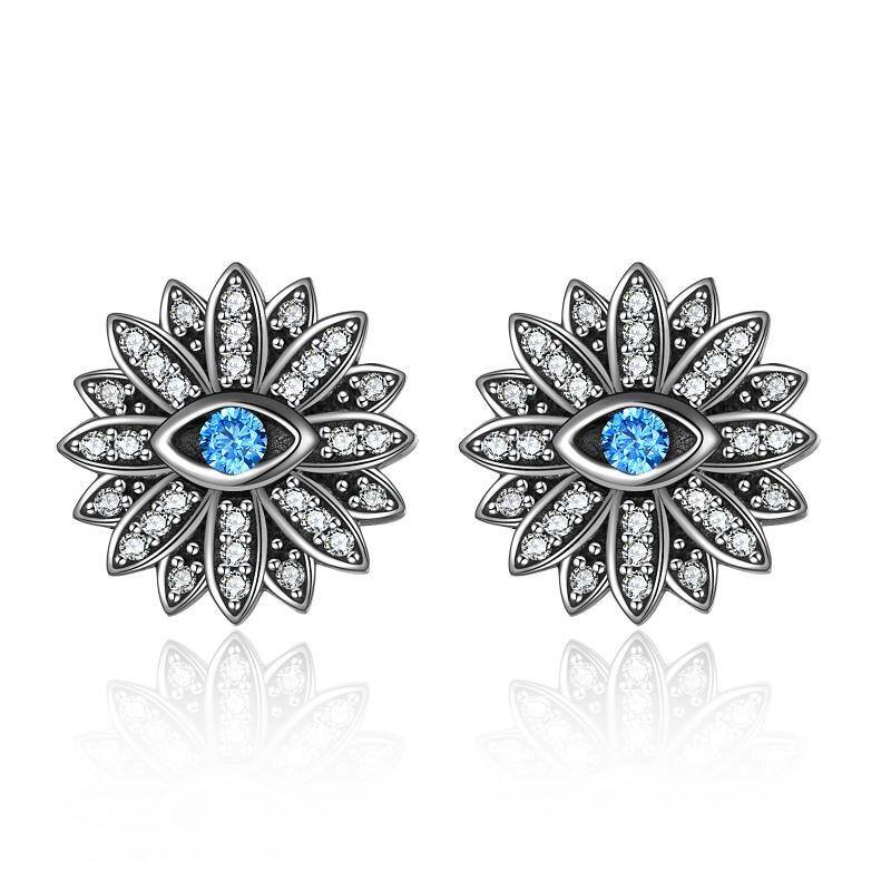 Sterling Silver Cubic Zirconia Lotus & Evil Eye Stud Earrings-1