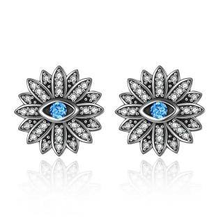 Sterling Silver Cubic Zirconia Lotus & Evil Eye Stud Earrings-5