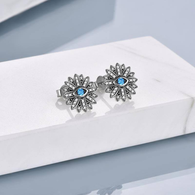 Sterling Silver Cubic Zirconia Lotus & Evil Eye Stud Earrings-3